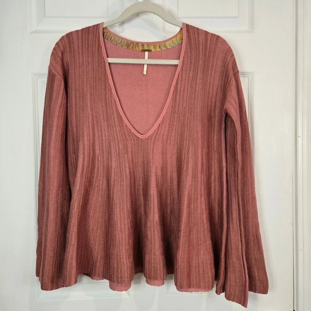 Free People Sundae Bell Sleeve Flowy Sweater Rose Pink Size XS Linen Cotton Boho